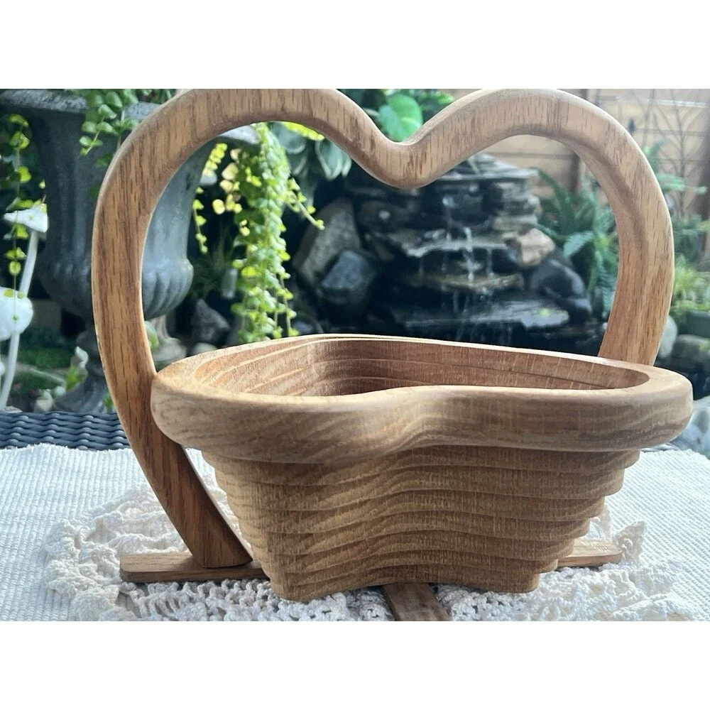 Vintage Handmade Heart Shaped Wooden Collapsible Basket With Handle Or Trivet